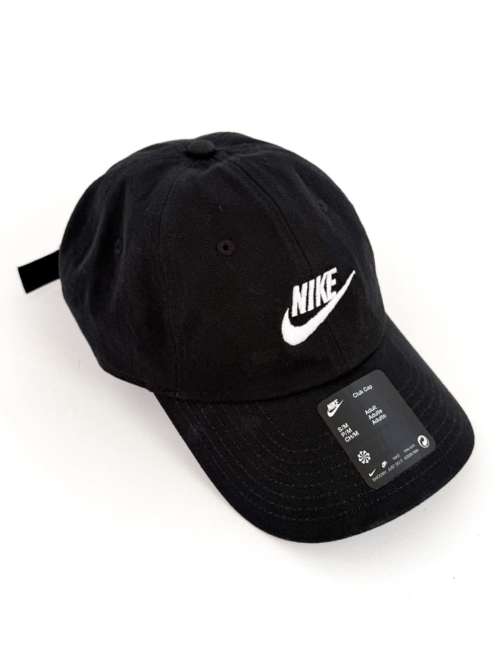 New Nike Club Adjustable Logo Baseball Cap Black White S/M Swoosh - Thumbnail 8