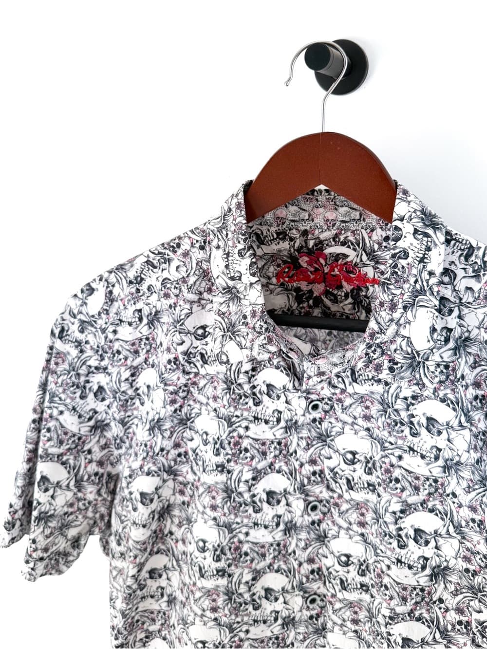 New Robert Graham Skull Print Cotton Stretch Button Up Shirt Mens XL White Black - Thumbnail 3