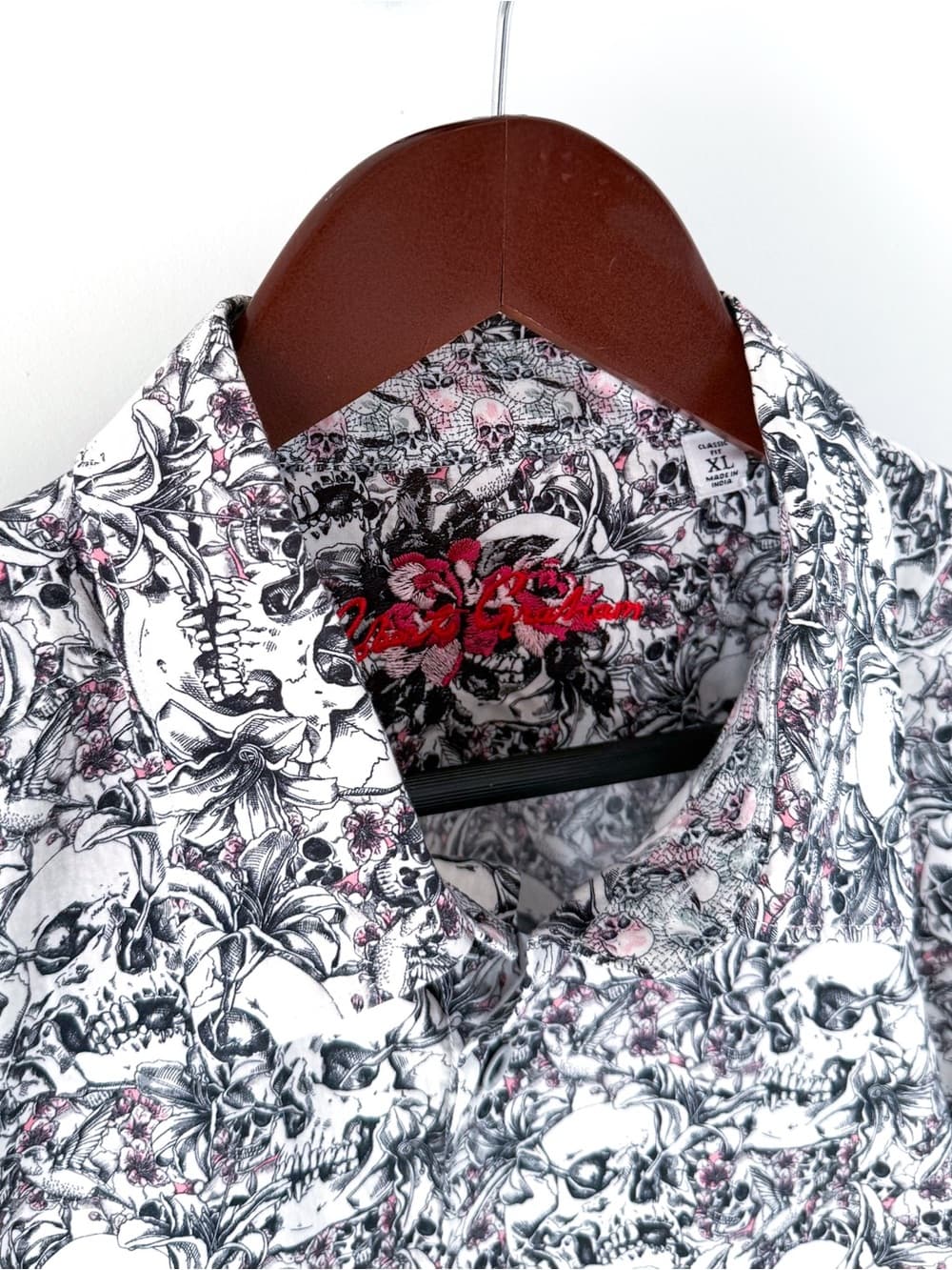 New Robert Graham Skull Print Cotton Stretch Button Up Shirt Mens XL White Black - Thumbnail 4