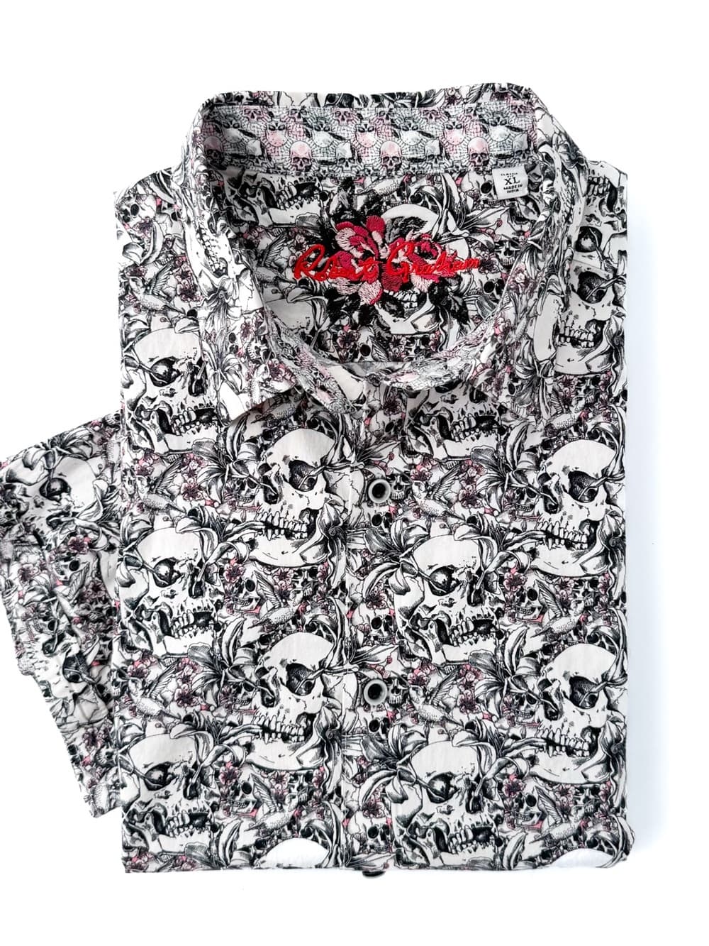 New Robert Graham Skull Print Cotton Stretch Button Up Shirt Mens XL White Black - Thumbnail 12