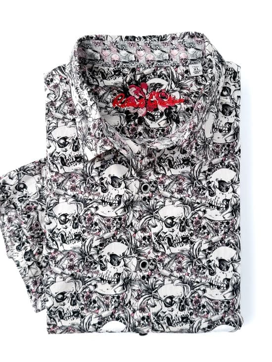 New Robert Graham Skull Print Cotton Stretch Button Up Shirt Mens XL White Black - Thumbnail 13
