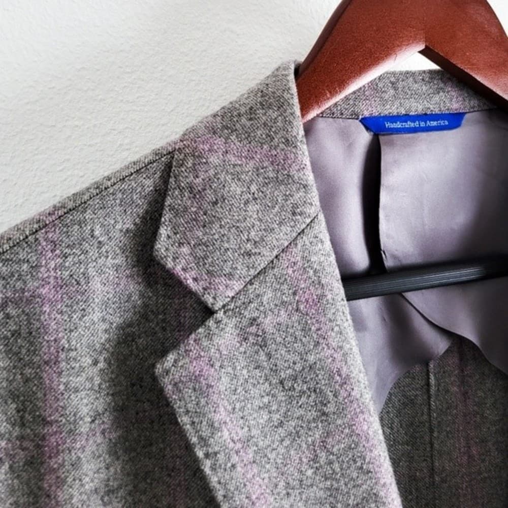 Adrian Jules Sport Coat Flannel Wool Blazer Plaid Gray Purple Mens 43 - Thumbnail 3