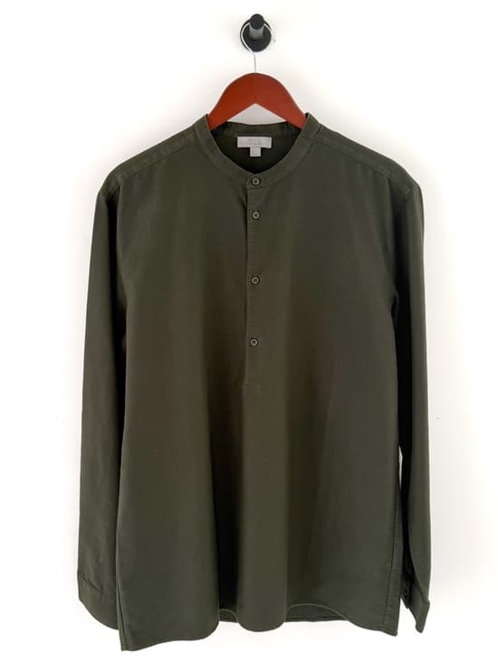 New COS Men's Olive Green Band Collar Shirt Quarter Button Twill Size L Men's - Thumbnail 14