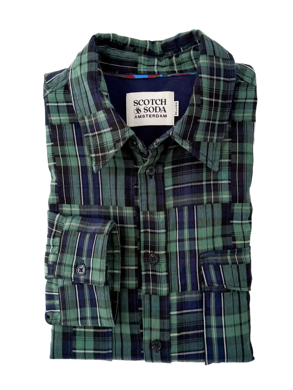 NEW Scotch & Soda Madras Button Down Plaid Shirt Mens M Navy Green Cotton - Thumbnail 9