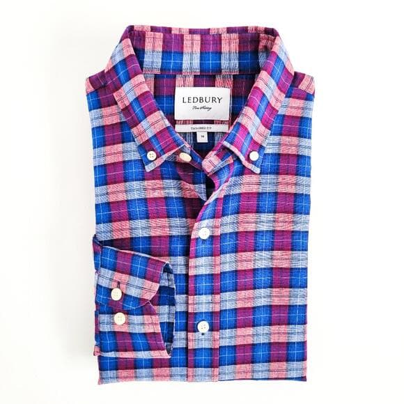 NEW Ledbury Linen Cotton Button Down Shirt Tailored Fit Mens 16 Blue Purple - Thumbnail 10