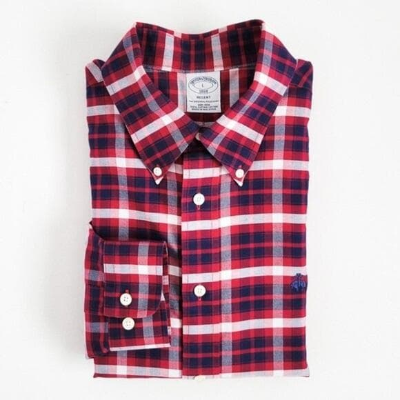 NEW Brooks Brothers Shirt Oxford Regent Button Down Plaid Navy Blue Red L - Thumbnail 10