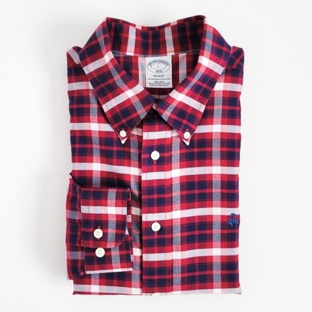 NEW Brooks Brothers Shirt Oxford Regent Button Down Plaid Navy Blue Red L - Thumbnail 9