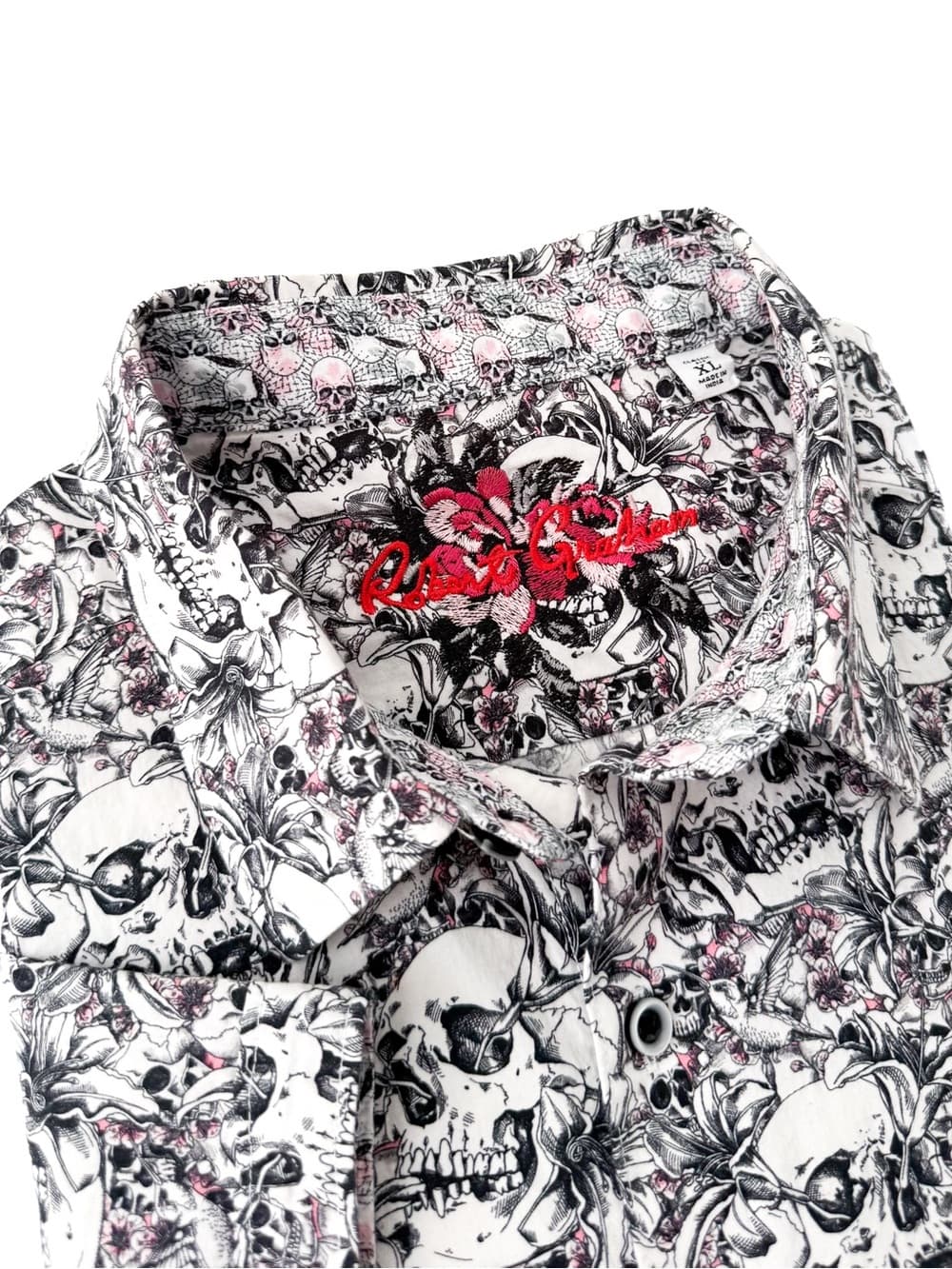 New Robert Graham Skull Print Cotton Stretch Button Up Shirt Mens XL White Black - Thumbnail 10
