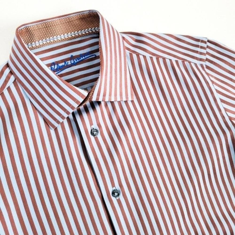 Robert Graham Shirt Twill Striped Button Up Flip Cuff Blue Brown Mens S - Thumbnail 9