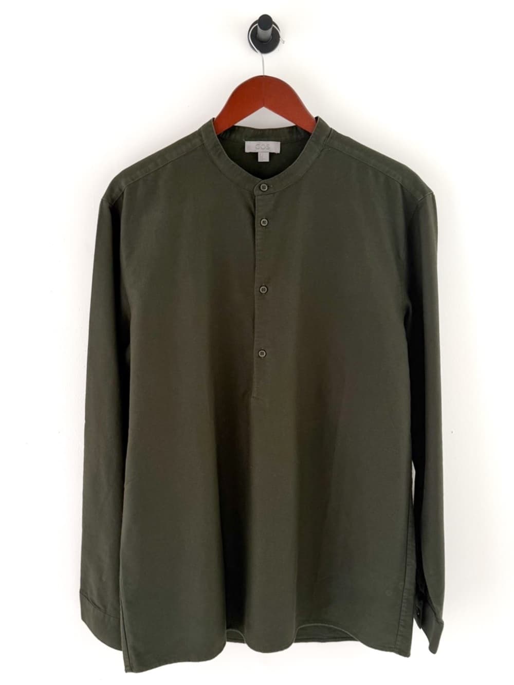New COS Men's Olive Green Band Collar Shirt Quarter Button Twill Size L Men's - Thumbnail 13