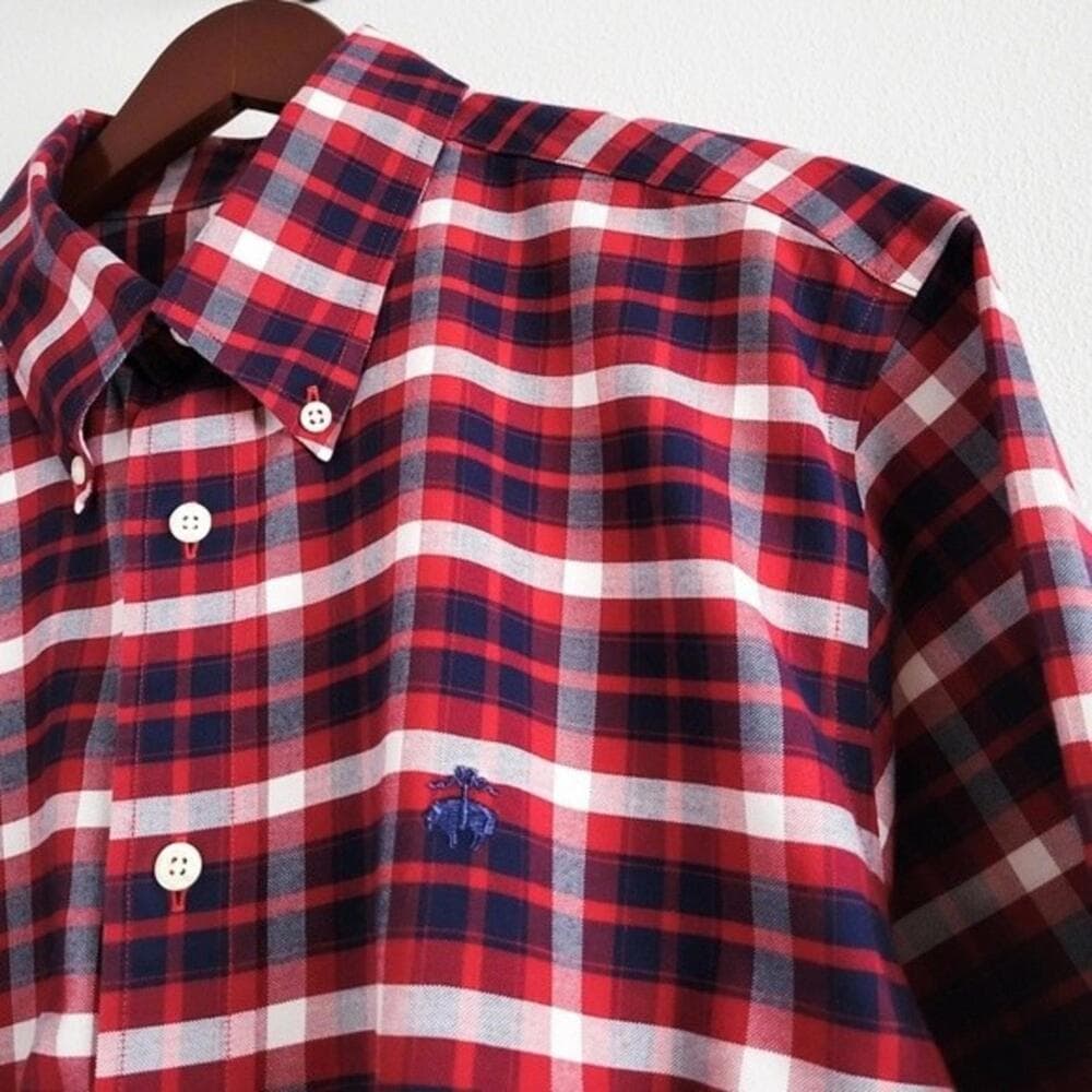 NEW Brooks Brothers Shirt Oxford Regent Button Down Plaid Navy Blue Red L - Thumbnail 3