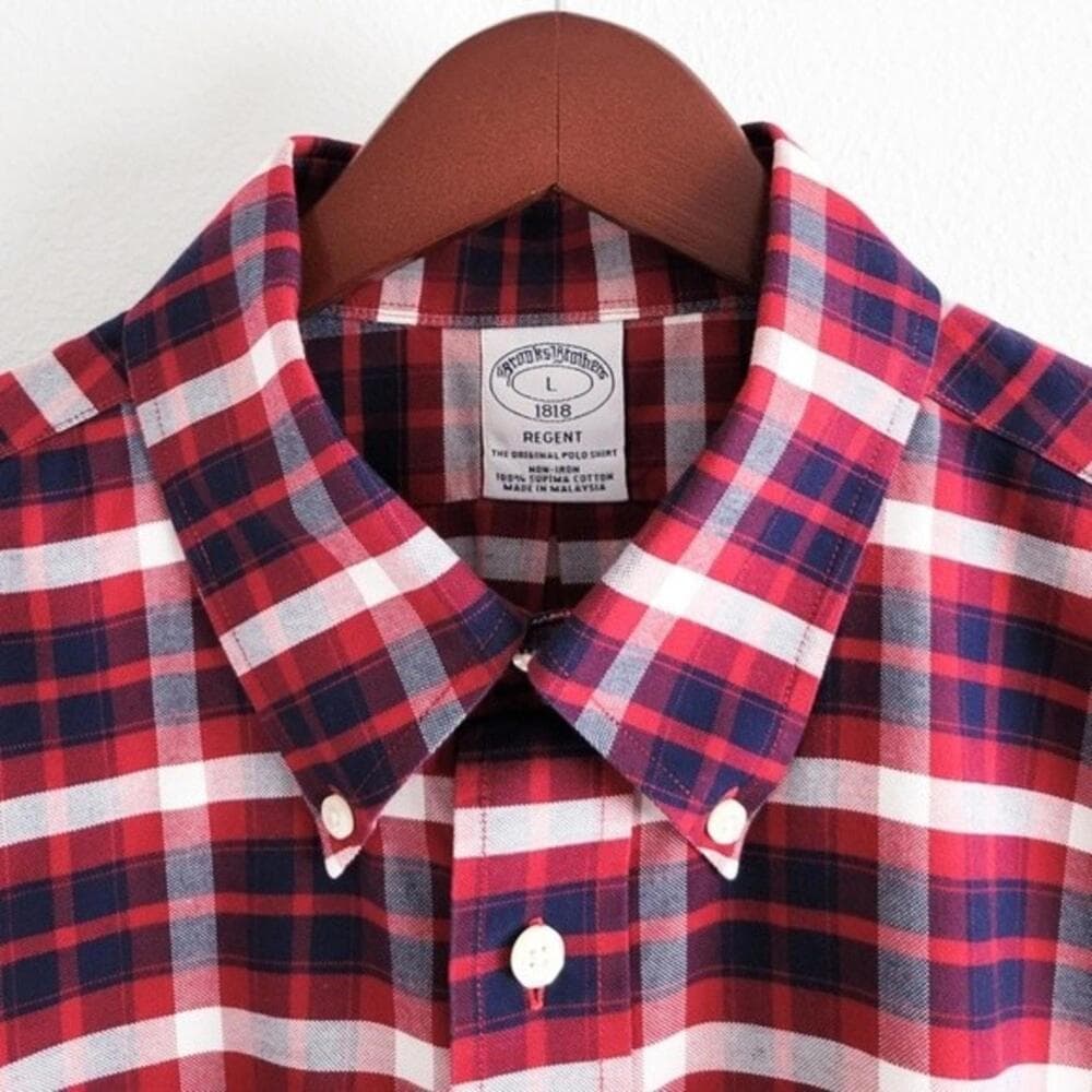 NEW Brooks Brothers Shirt Oxford Regent Button Down Plaid Navy Blue Red L - Thumbnail 6