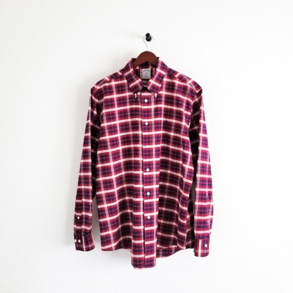 NEW Brooks Brothers Shirt Oxford Regent Button Down Plaid Navy Blue Red L - Thumbnail 2