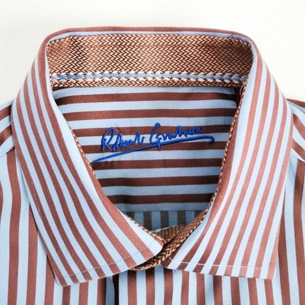 Robert Graham Shirt Twill Striped Button Up Flip Cuff Blue Brown Mens S - Thumbnail 2