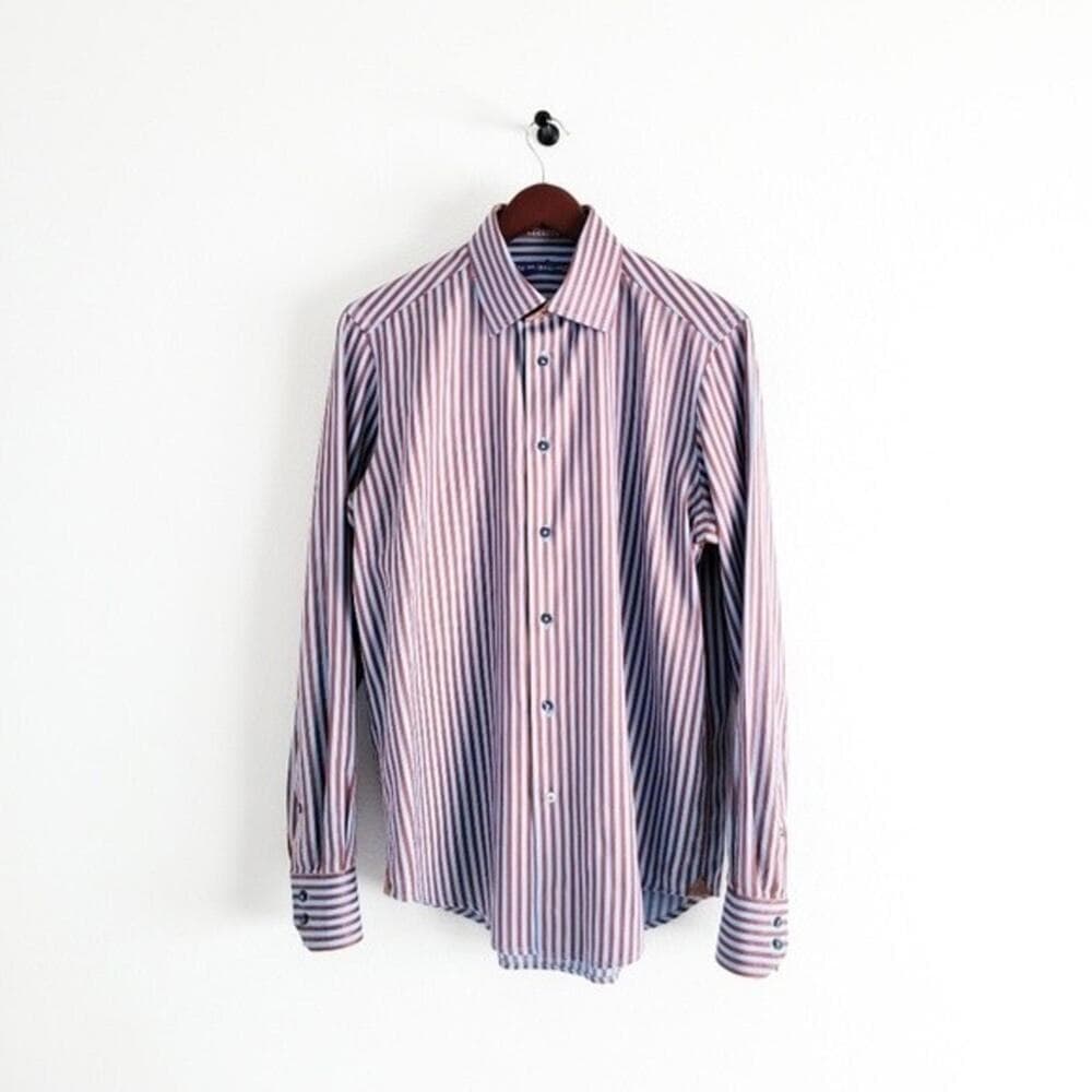 Robert Graham Shirt Twill Striped Button Up Flip Cuff Blue Brown Mens S - Thumbnail 3