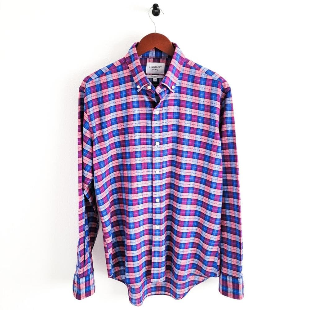 NEW Ledbury Linen Cotton Button Down Shirt Tailored Fit Mens 16 Blue Purple - Thumbnail 2