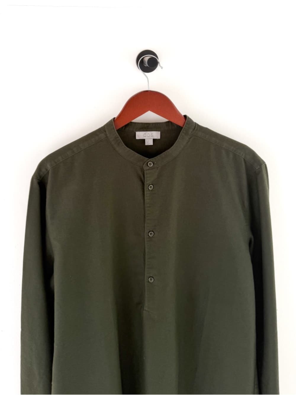New COS Men's Olive Green Band Collar Shirt Quarter Button Twill Size L Men's - Thumbnail 3