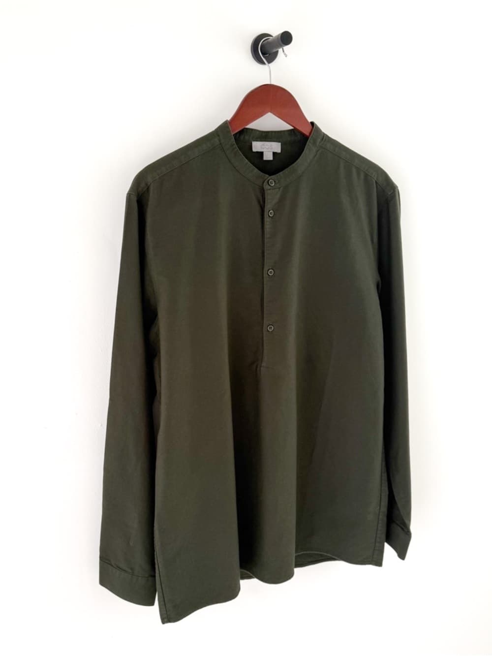 New COS Men's Olive Green Band Collar Shirt Quarter Button Twill Size L Men's - Thumbnail 5