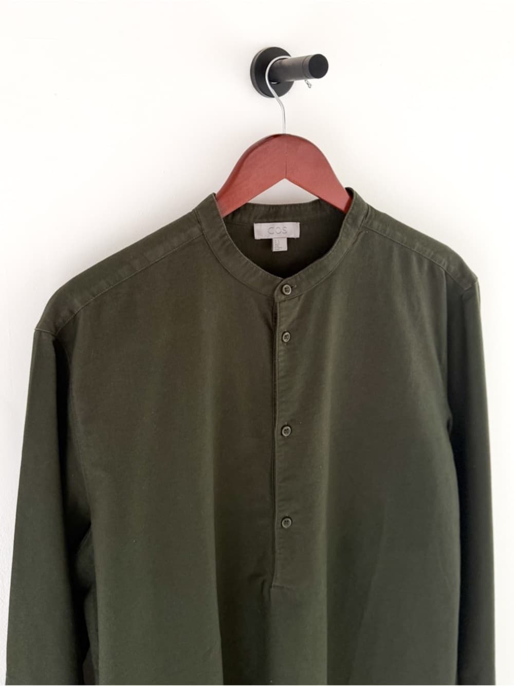 New COS Men's Olive Green Band Collar Shirt Quarter Button Twill Size L Men's - Thumbnail 4