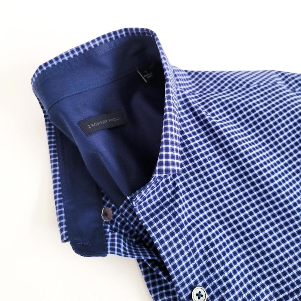 NEW Zachary Prell Micro Plaid Button Down Shirt Cotton Blue Mens S - Thumbnail 2