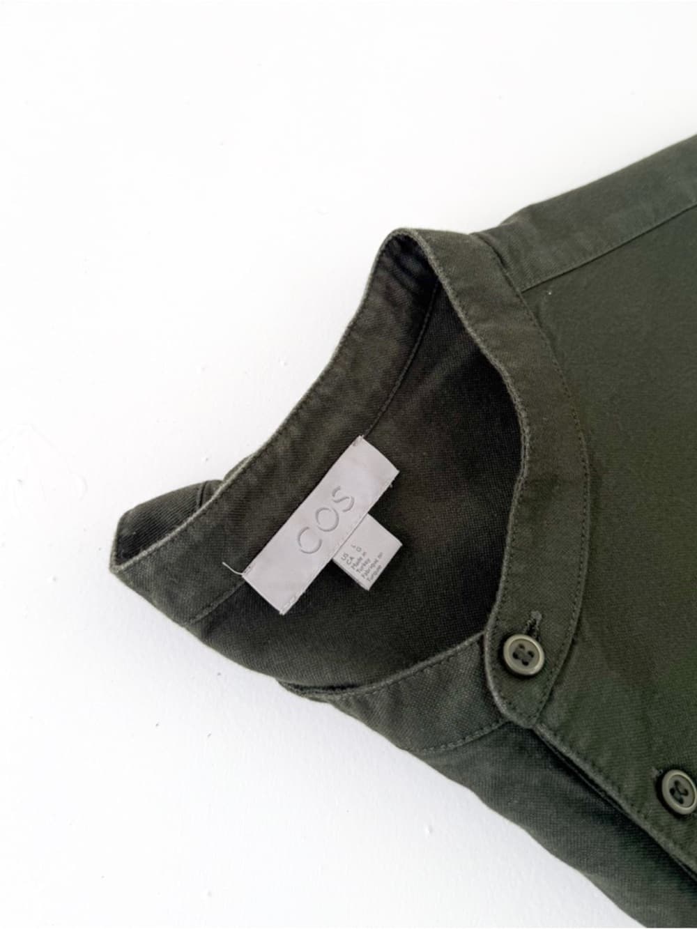 New COS Men's Olive Green Band Collar Shirt Quarter Button Twill Size L Men's - Thumbnail 7