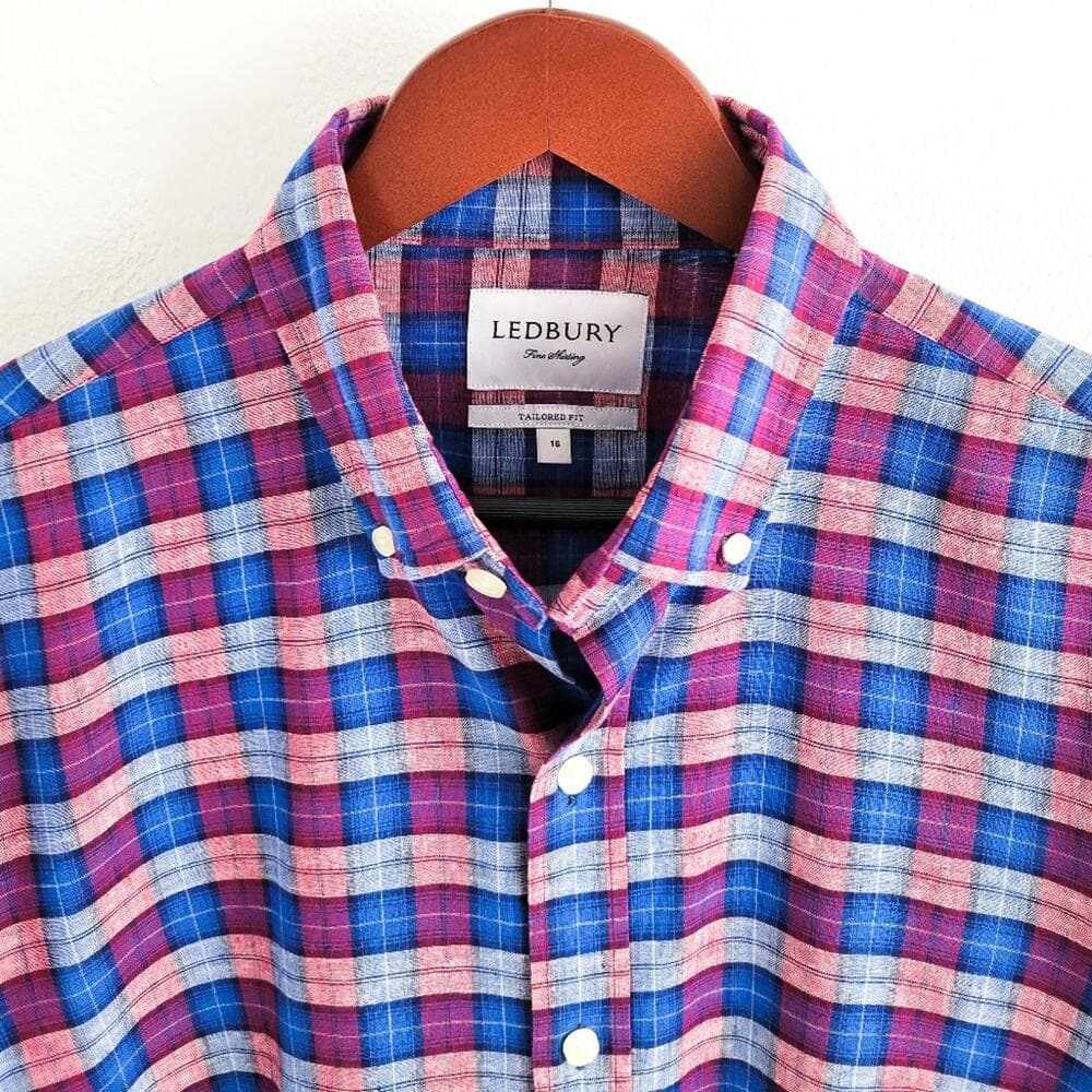 NEW Ledbury Linen Cotton Button Down Shirt Tailored Fit Mens 16 Blue Purple - Thumbnail 5
