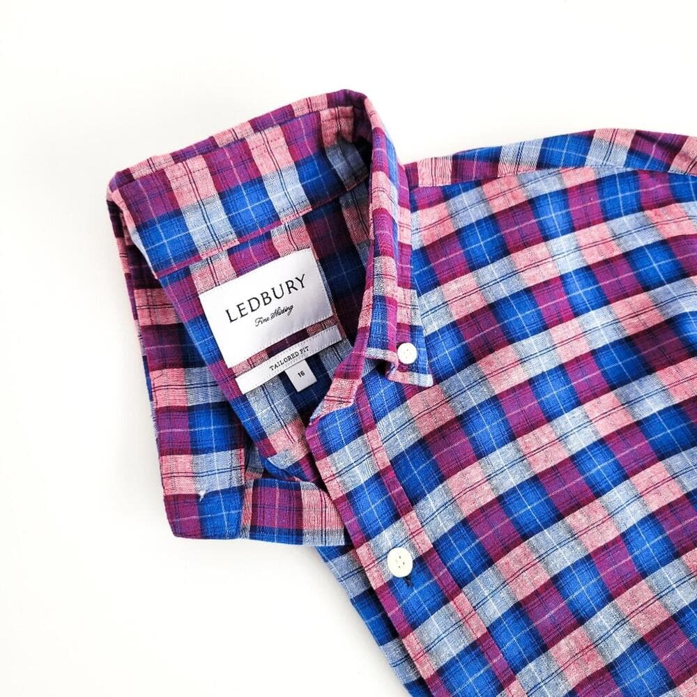NEW Ledbury Linen Cotton Button Down Shirt Tailored Fit Mens 16 Blue Purple - Thumbnail 8