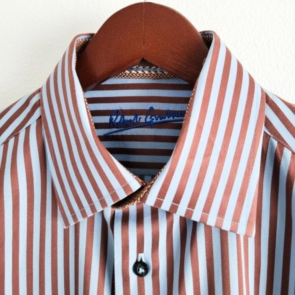 Robert Graham Shirt Twill Striped Button Up Flip Cuff Blue Brown Mens S - Thumbnail 4