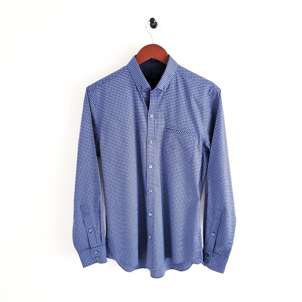 NEW Zachary Prell Micro Plaid Button Down Shirt Cotton Blue Mens S - Thumbnail 6