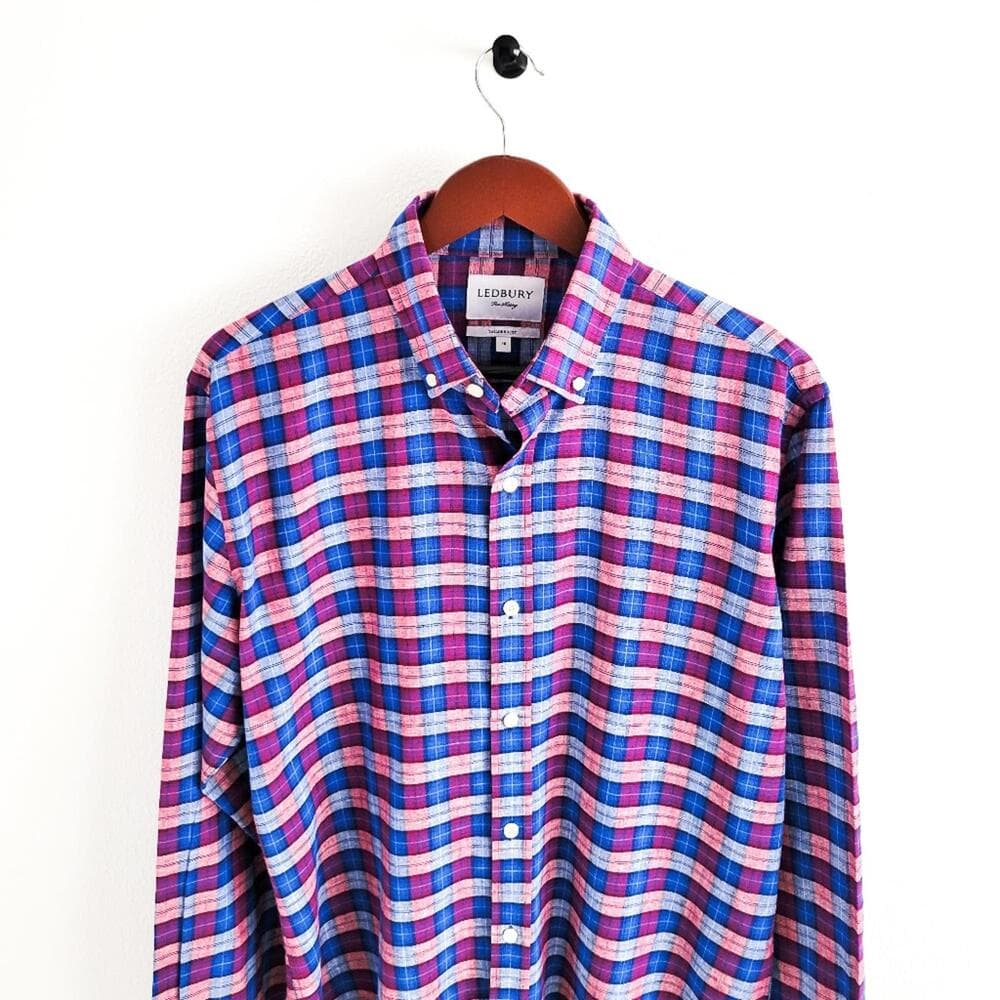 NEW Ledbury Linen Cotton Button Down Shirt Tailored Fit Mens 16 Blue Purple - Thumbnail 3