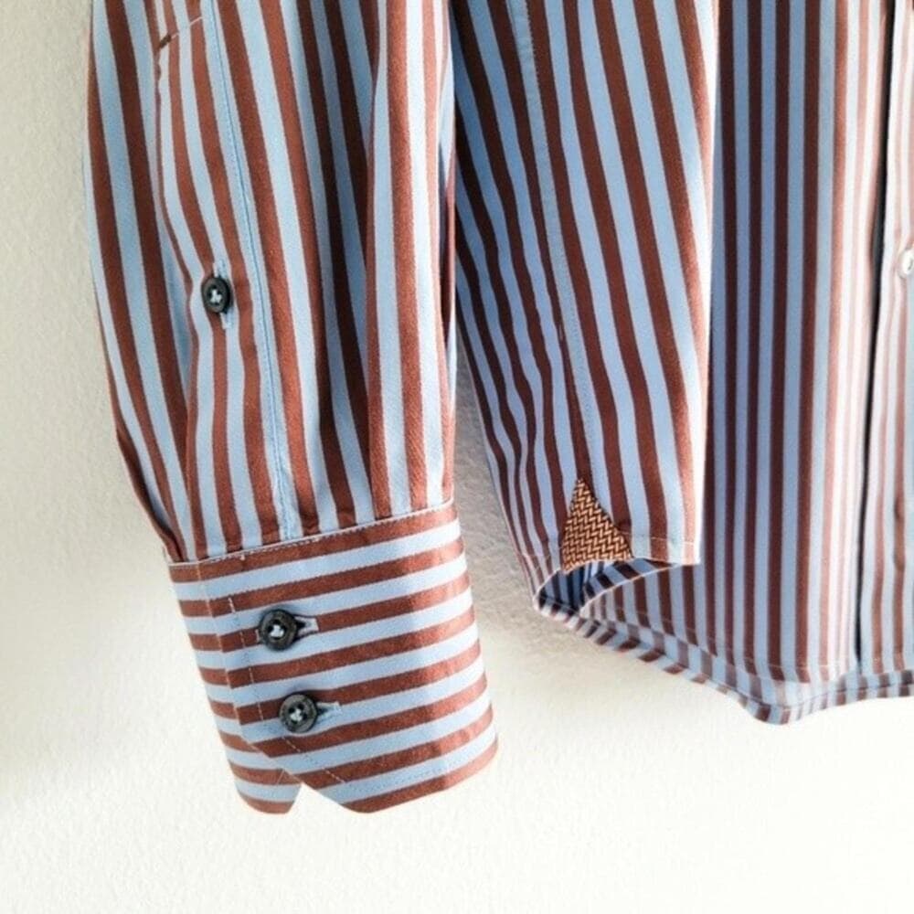 Robert Graham Shirt Twill Striped Button Up Flip Cuff Blue Brown Mens S - Thumbnail 6