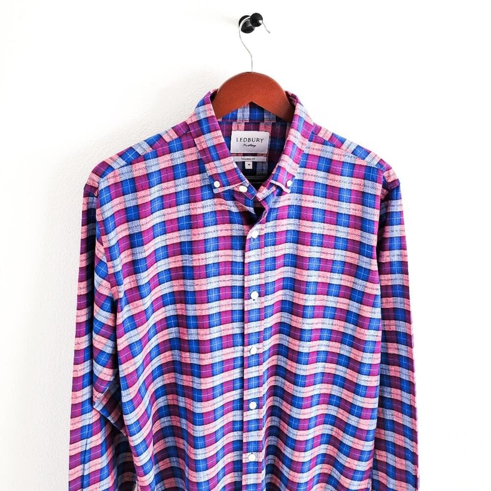 NEW Ledbury Linen Cotton Button Down Shirt Tailored Fit Mens 16 Blue Purple - Thumbnail 4