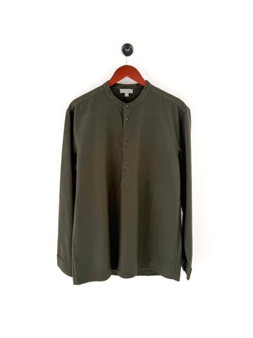 New COS Men's Olive Green Band Collar Shirt Quarter Button Twill Size L Men's - Thumbnail 2