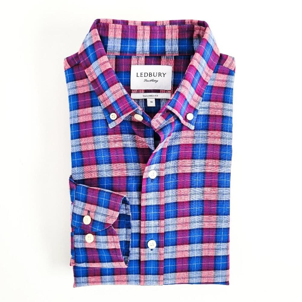 NEW Ledbury Linen Cotton Button Down Shirt Tailored Fit Mens 16 Blue Purple - Thumbnail 9