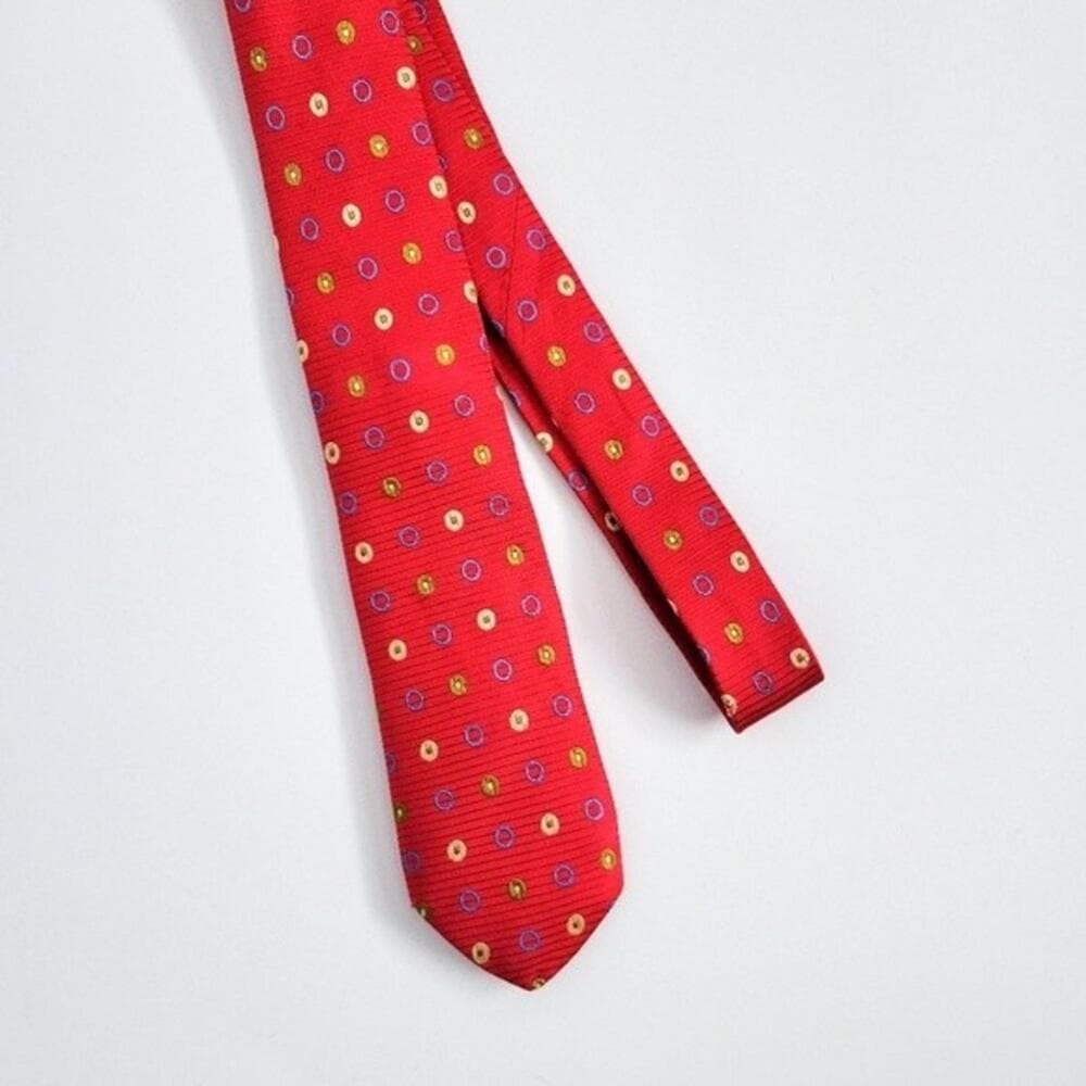 Holland & Sherry Silk Tie Woven Geometric Circles Pattern Red Made in USA - Thumbnail 4