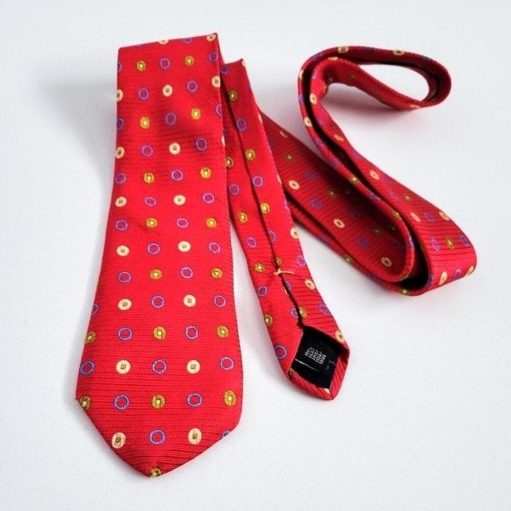 Holland & Sherry Silk Tie Woven Geometric Circles Pattern Red Made in USA - Thumbnail 2
