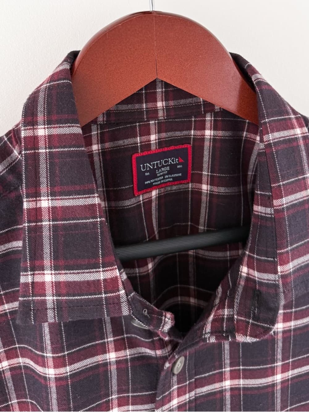 New Untuckit Benoit Men's Twill Flannel Button Down Shirt Burgundy Black White L - Thumbnail 5