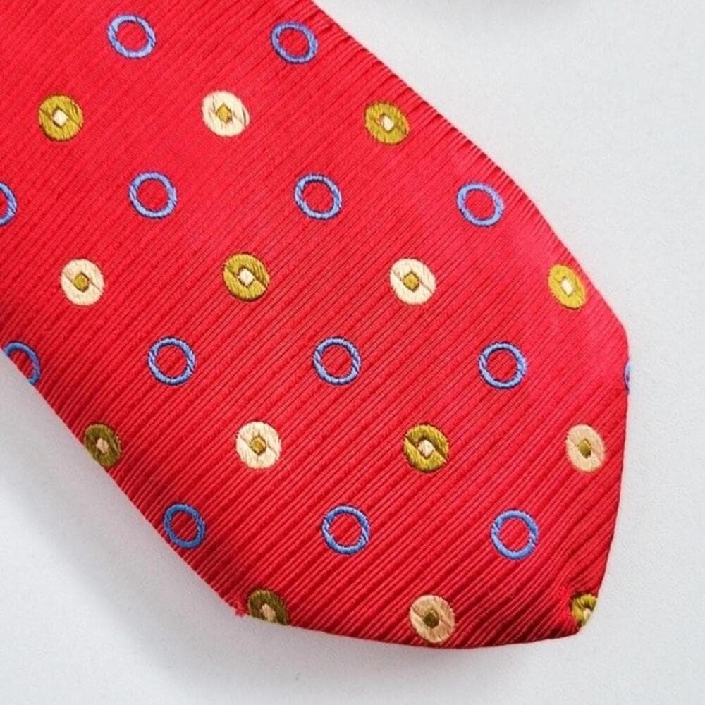 Holland & Sherry Silk Tie Woven Geometric Circles Pattern Red Made in USA - Thumbnail 6