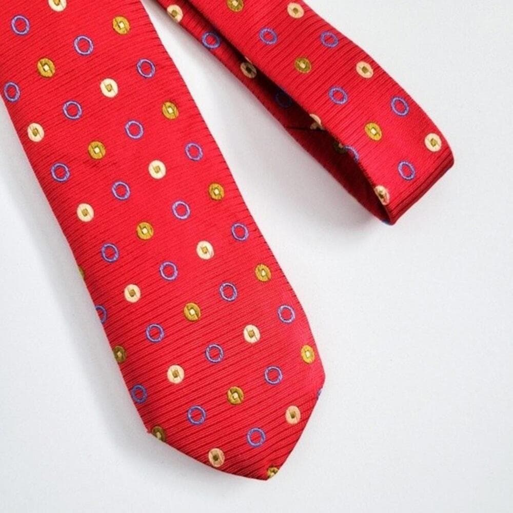 Holland & Sherry Silk Tie Woven Geometric Circles Pattern Red Made in USA - Thumbnail 5