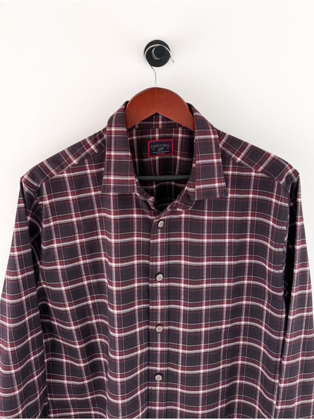 New Untuckit Benoit Men's Twill Flannel Button Down Shirt Burgundy Black White L - Thumbnail 4
