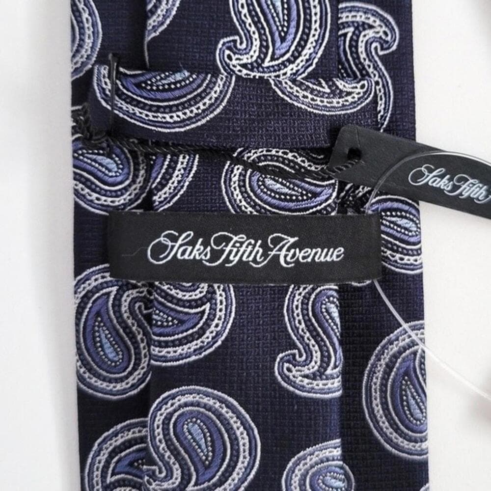 NEW Saks Fifth Avenue Tie Silk Paisley Navy Silver Jacquard Recent Mens - Thumbnail 2
