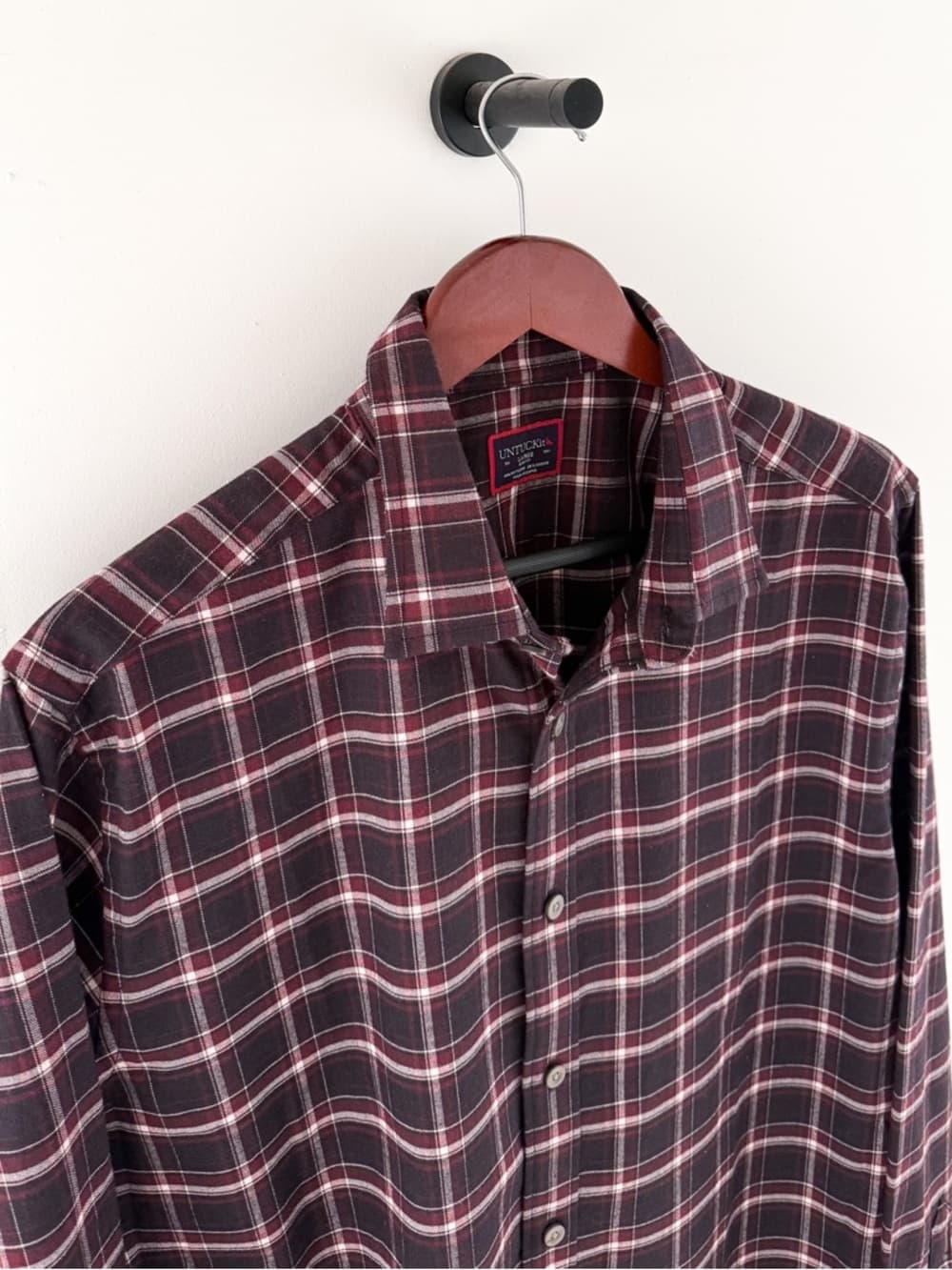 New Untuckit Benoit Men's Twill Flannel Button Down Shirt Burgundy Black White L - Thumbnail 6