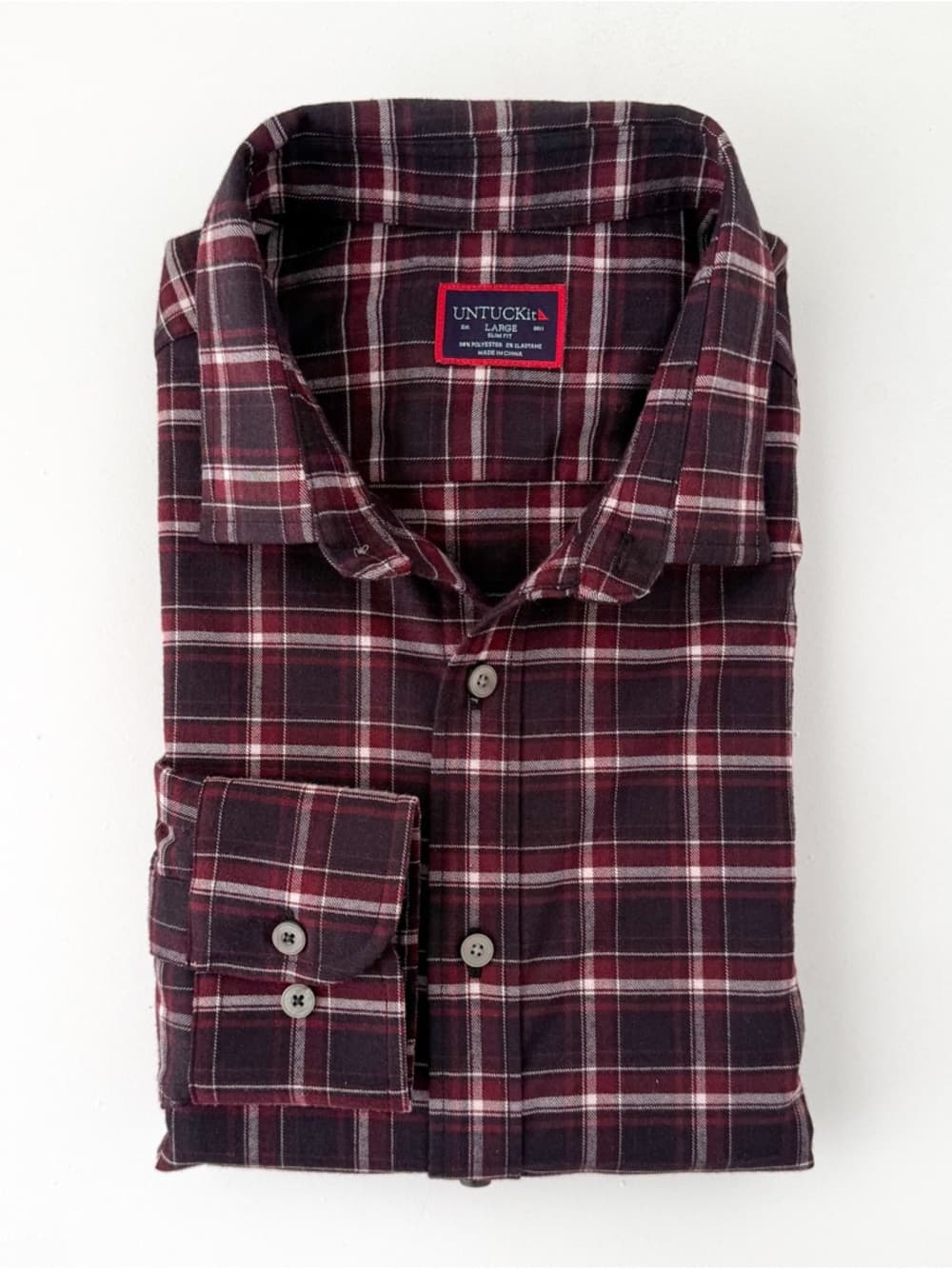 New Untuckit Benoit Men's Twill Flannel Button Down Shirt Burgundy Black White L - Thumbnail 13