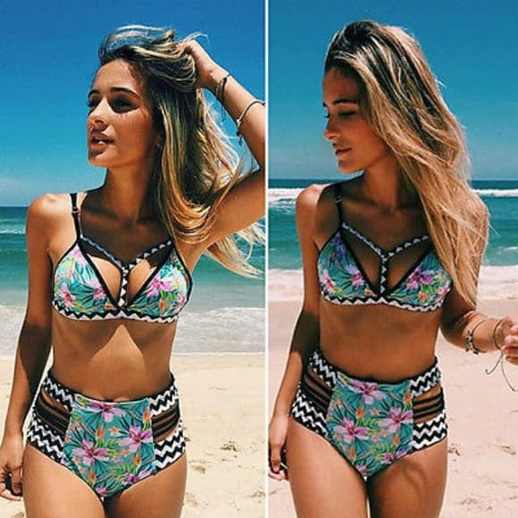 Floral High Waist Wave Padded Tankini - Thumbnail 8