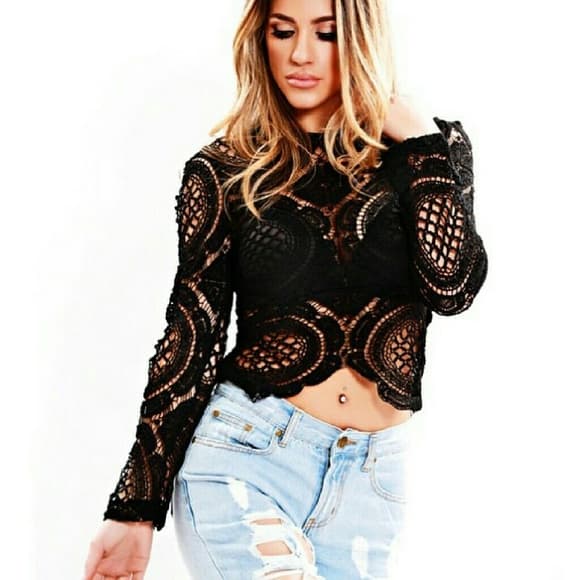 Ultra Sexy Black Long Sleeve Lace Round Neck - Thumbnail 2