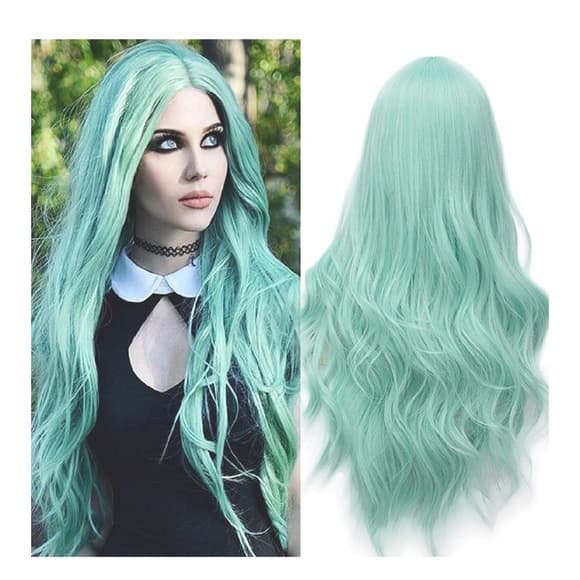 Beautiful Light Green Wavy Full Wig - Thumbnail 7