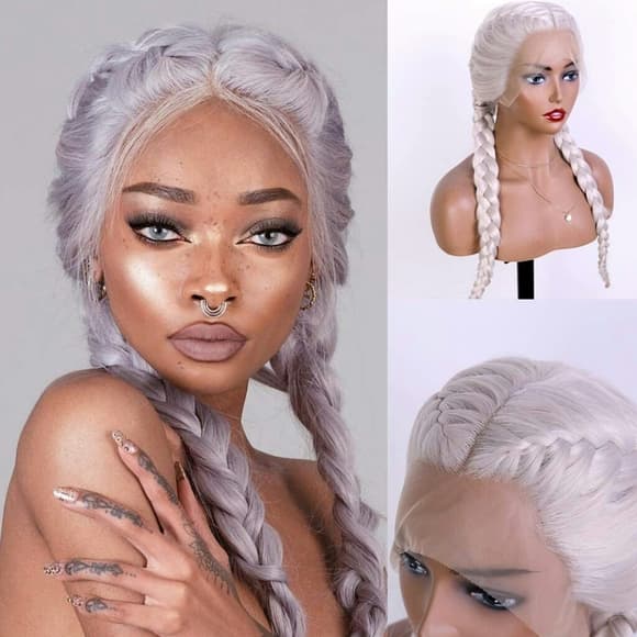 White Gray Braid Lace Front Wig - Thumbnail 5