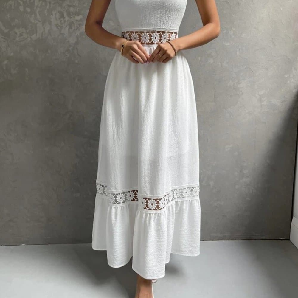 White Lace Insert Ruffle Hem Dress - Thumbnail 4