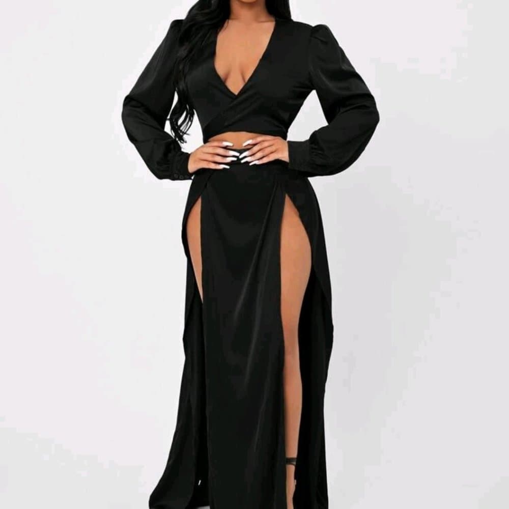 Sexy Black Plunging Slit Thigh Dress - Thumbnail 3