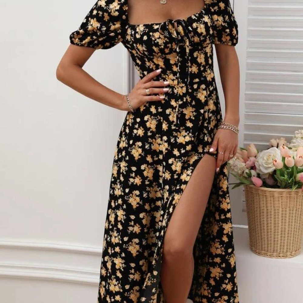 Black Allover Floral Knot Split Thigh A-line Dress - Thumbnail 3